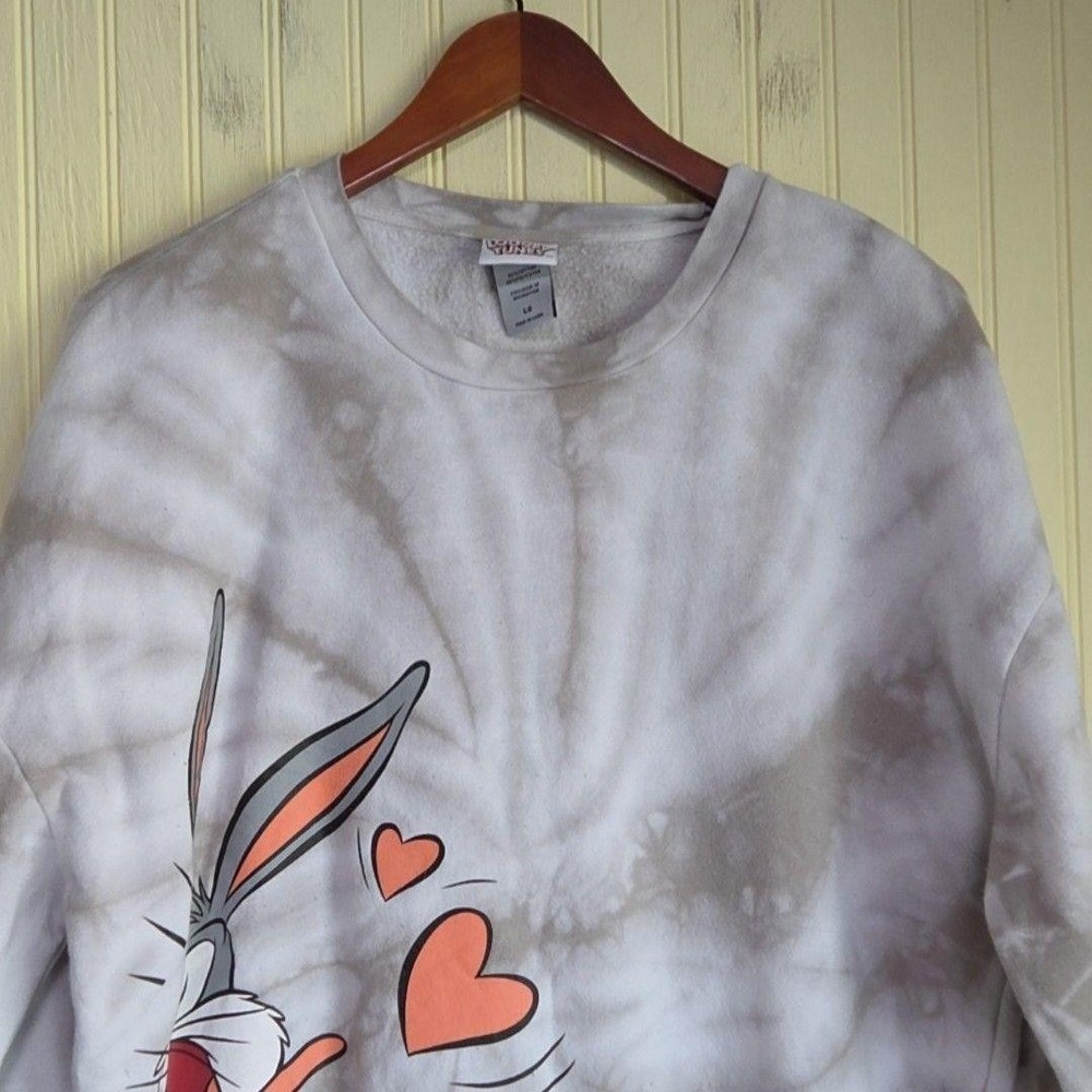 Looney Tunes Sweatshirt Mens Large Gray Tie Dye Fleece Bugs Bunny Hearts Graphic